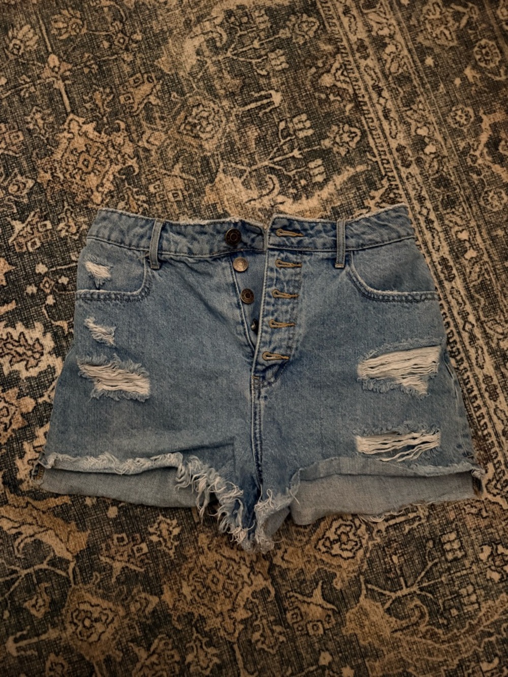 High-Rise Distressed Denim Shorts - Light Blue